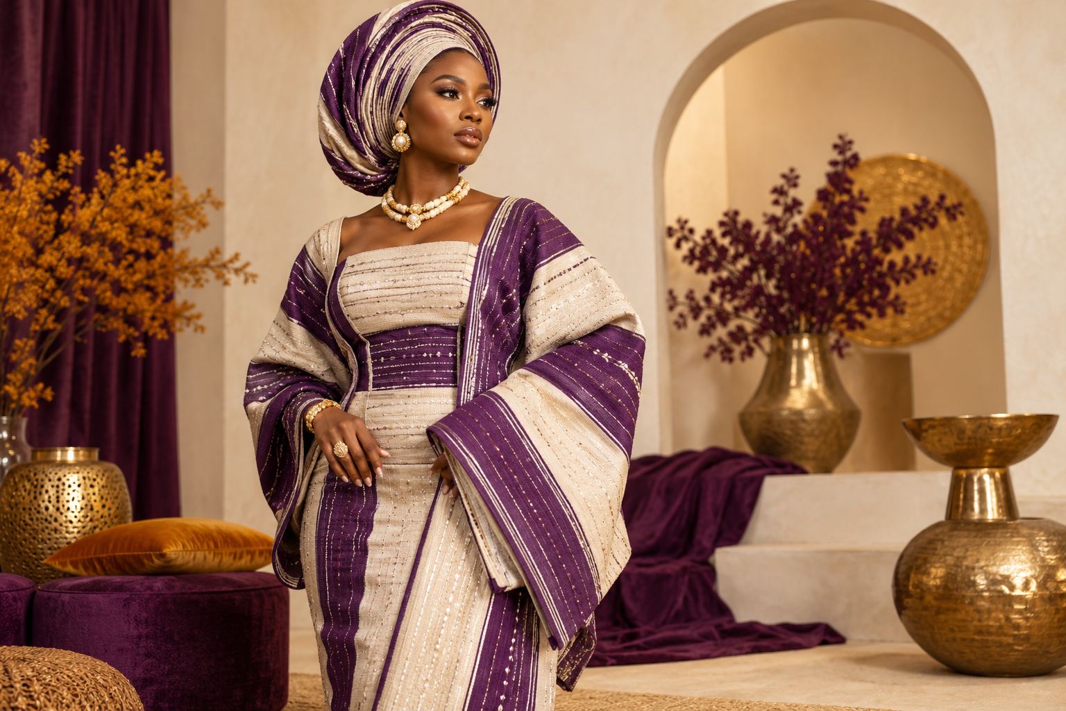 Model wearing purple and ivory aso oke
